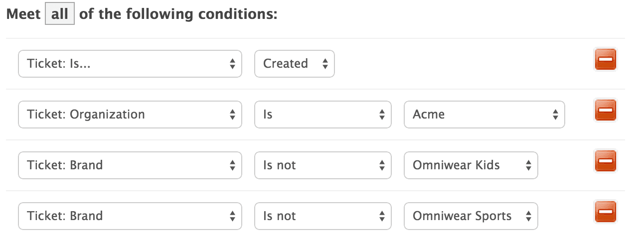 The rule configuration interface defining brand-specific triggers and organizational conditions for automated business processes.