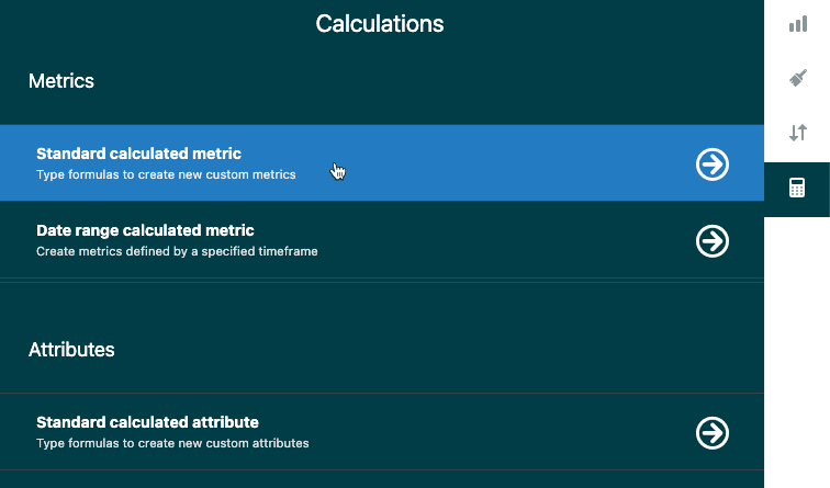 Zendesk Explore Calculations menu with options for standard and date range metrics