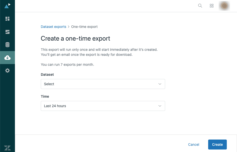 Dataset exports icon location in the Explore left sidebar
