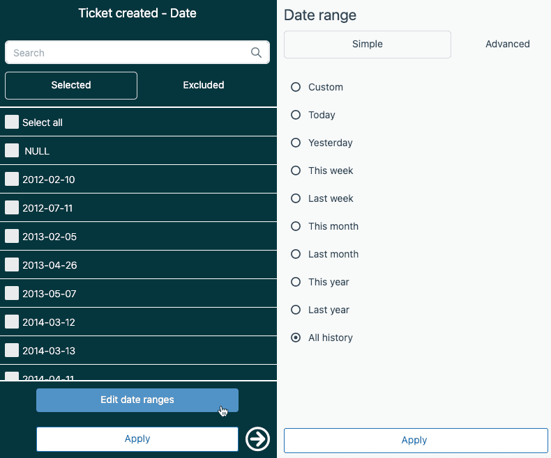 Date filter interface with individual values and predefined range options