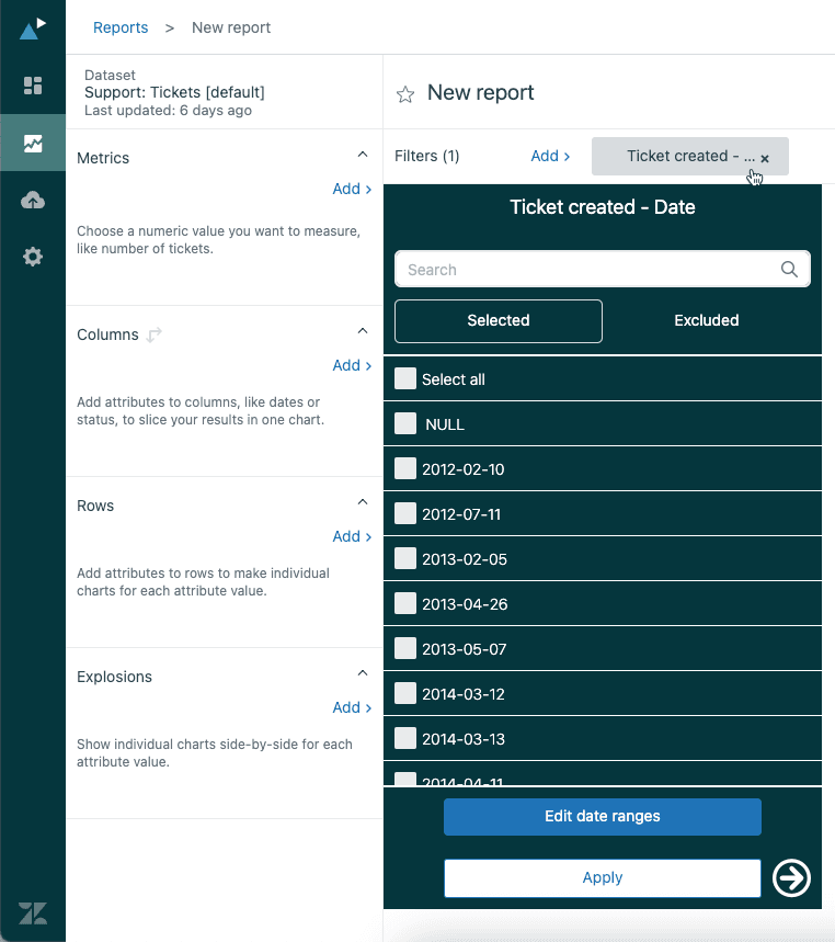 Explore report builder with Filters panel showing date range options