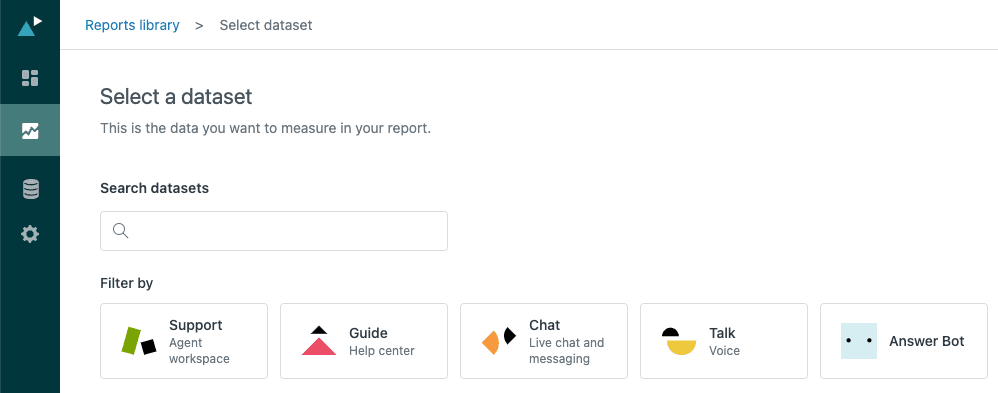 Report builder's dataset selection screen for choosing data sources