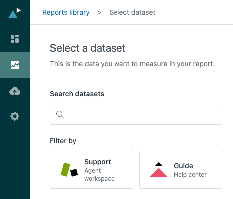 Zendesk Explore dataset selection interface for Support and Guide data