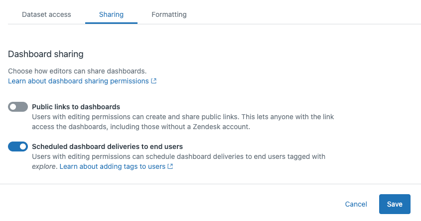 Zendesk's dashboard sharing settings panel showing scheduled deliveries to end users tagged with 'explore'.