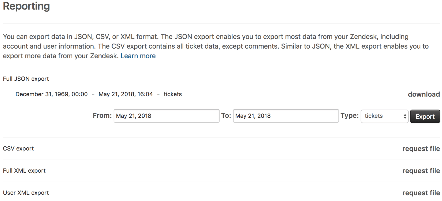 Zendesk Reporting interface with JSON, CSV, and XML export options