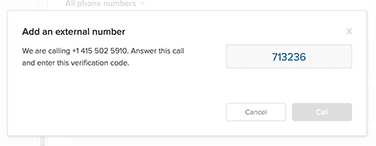 A phone line management system's modal for verifying an external phone number.
