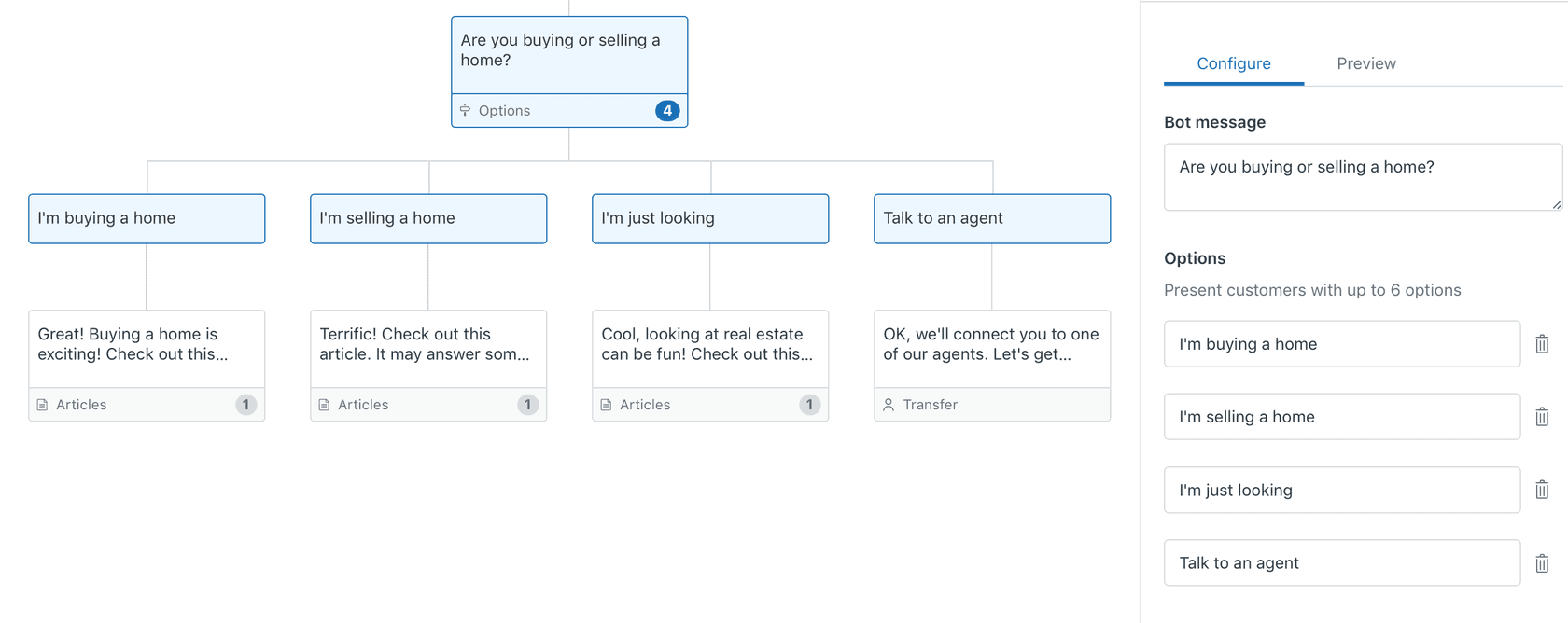 Flow Builder 'Present options' step with quick reply buttons configuration