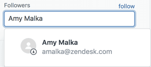 Zendesk ticket properties panel showing the Followers field with user selection
