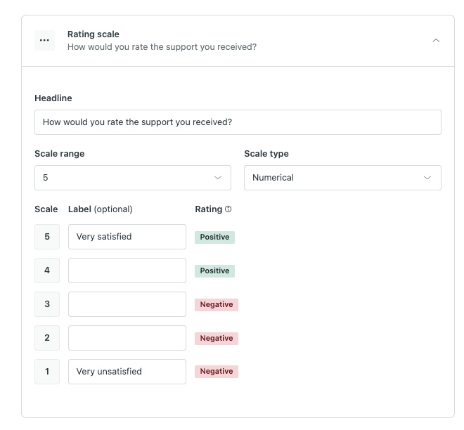 A survey platform's question editor for a CSAT rating scale, allowing customization of scale range, type, labels, and sentiment ratings.
