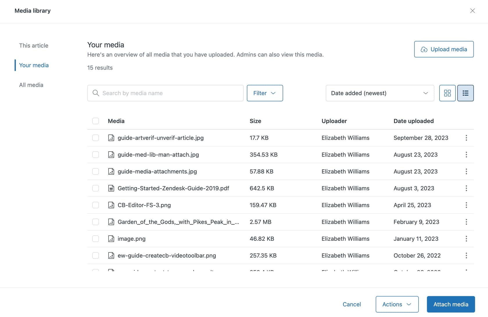 Zendesk Guide's media library interface, allowing users to manage and attach files to articles.