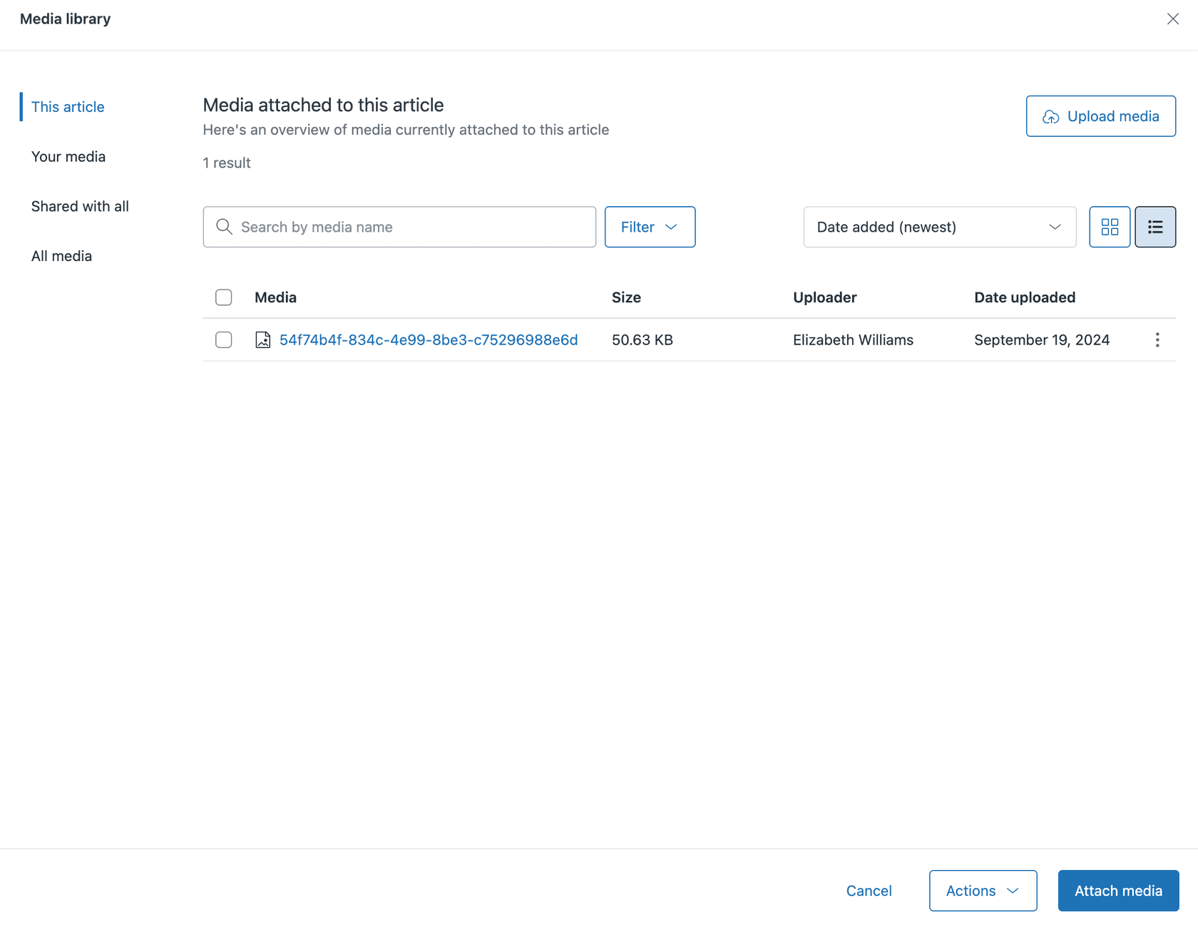 Zendesk's Media Library interface, showing options for managing and attaching files to an article.