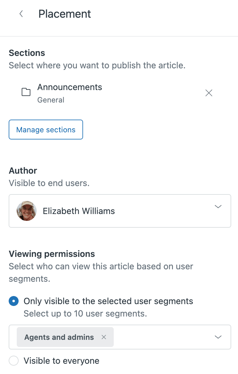 Zendesk Guide's article placement and viewing permissions panel, showing options to restrict article visibility to specific user segments.
