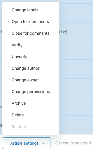 Article settings bulk actions menu for managing multiple knowledge base articles