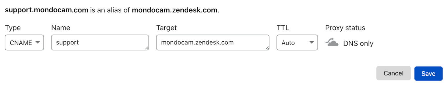 CNAME record configuration pointing support.mondocam.com to mondocam.zendesk.com