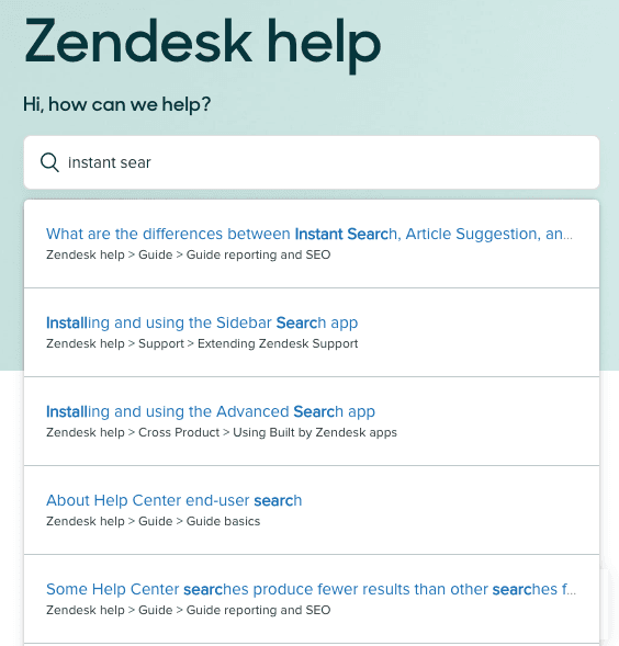 Zendesk's help center search interface displaying instant search suggestions as a user types 'instant sear'.