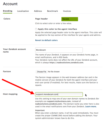 Zendesk Account settings panel showing host mapping configuration for custom domains
