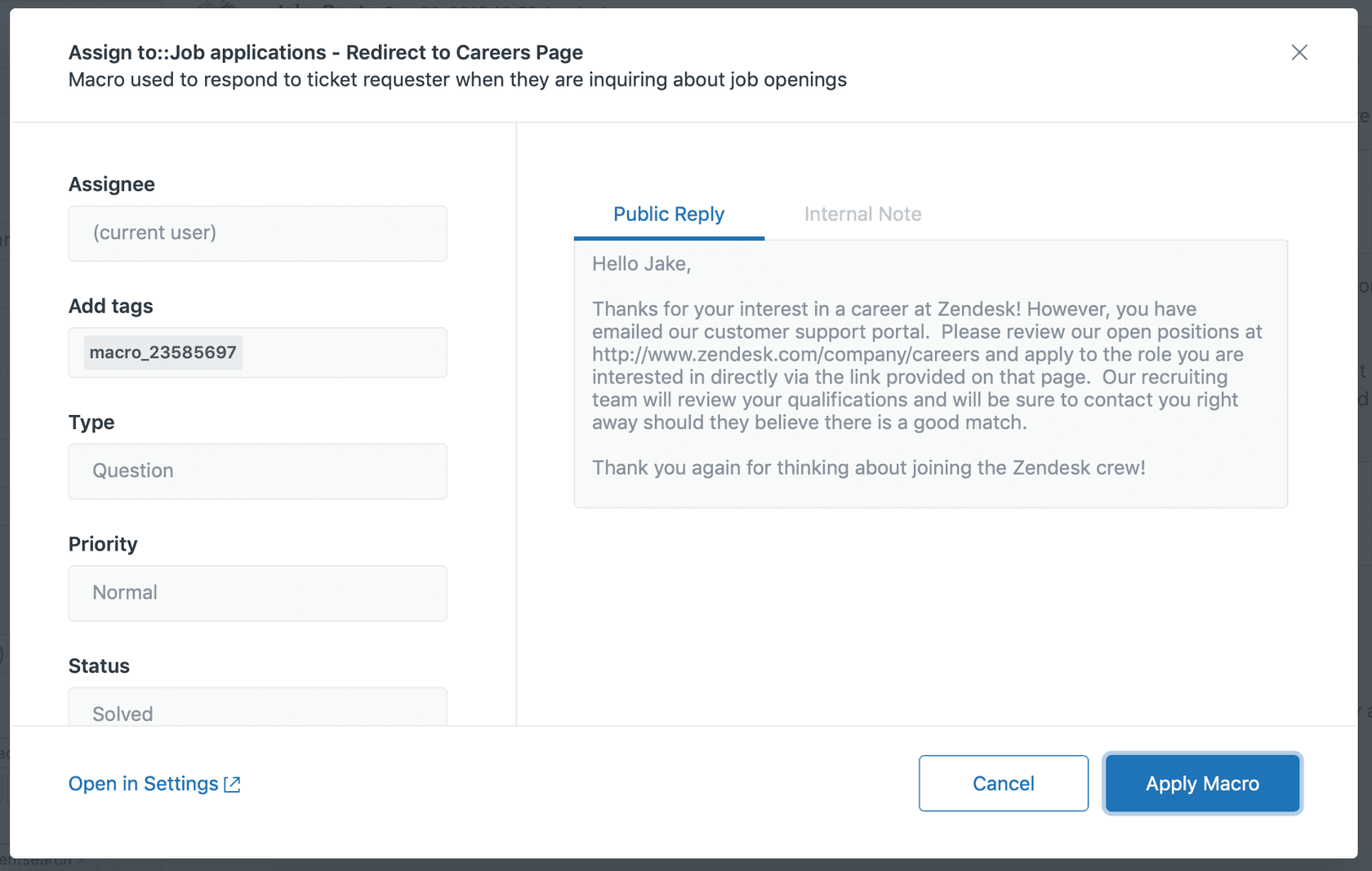 Zendesk macro application interface showing pre-defined responses and ticket field updates
