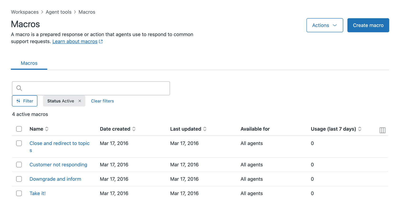 Zendesk's Agent tools interface showing a list of active macros.