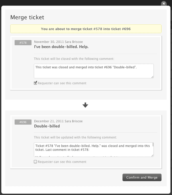 Zendesk ticket merge confirmation interface showing the consolidation of two tickets