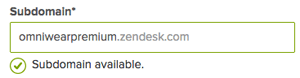 Zendesk Admin Center's brand creation interface displaying the subdomain field with an available subdomain.