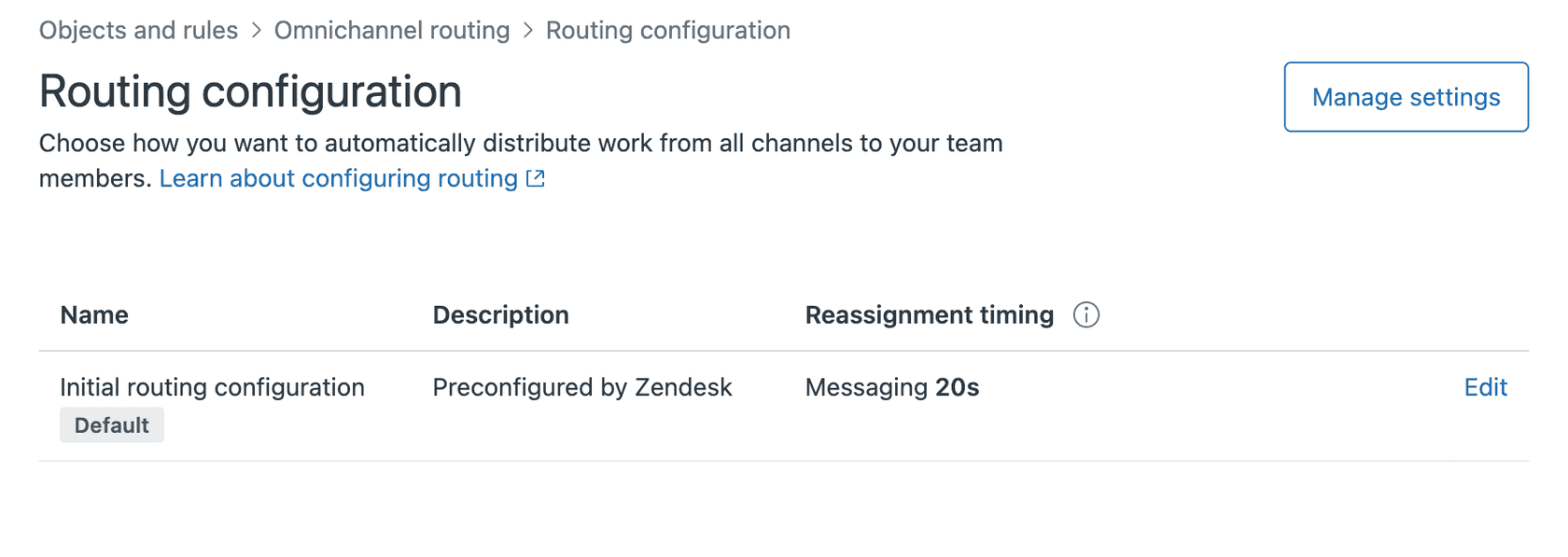 Zendesk Omnichannel routing configuration panel displaying initial routing rules and reassignment timing