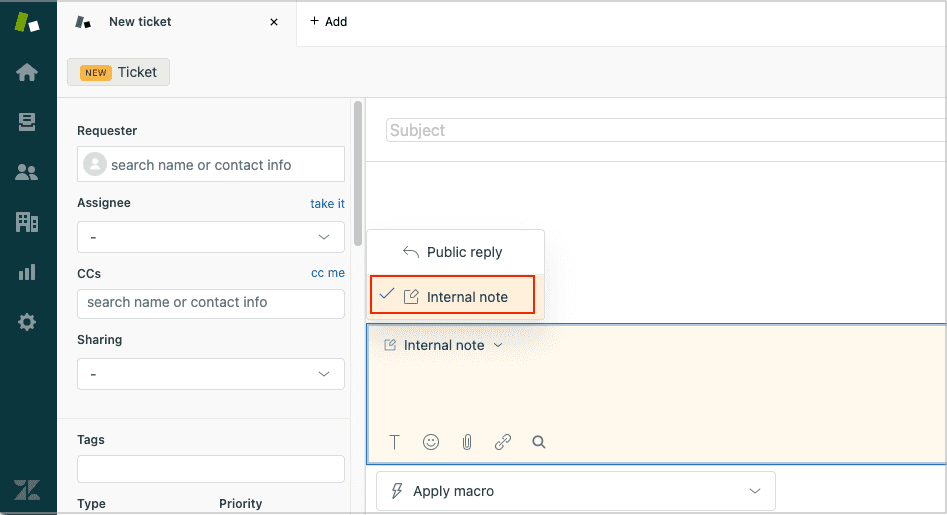 Ticket creation interface showing requester field and public reply options