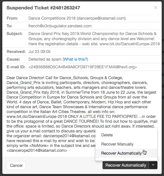 Zendesk suspended ticket detail with manual and automatic recovery options