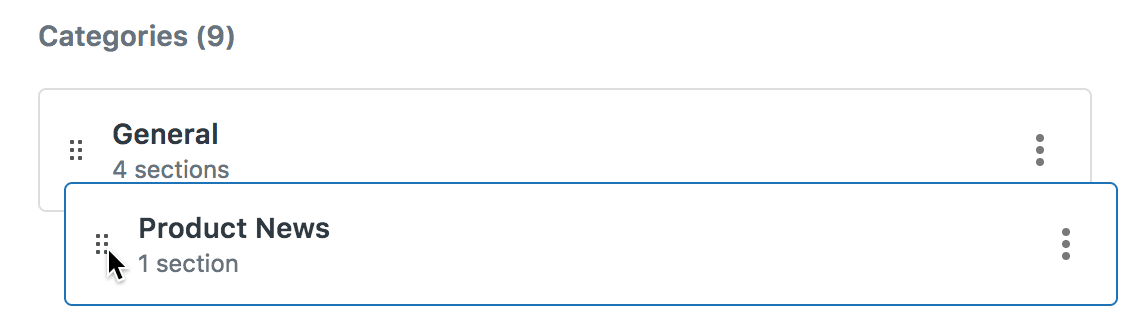 Zendesk Guide content arrangement interface with drag-and-drop functionality