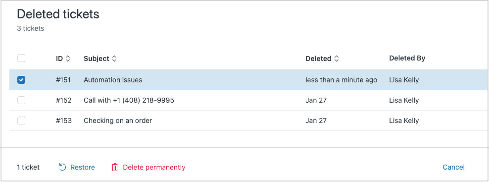 Zendesk's deleted tickets view with restore and permanent delete options