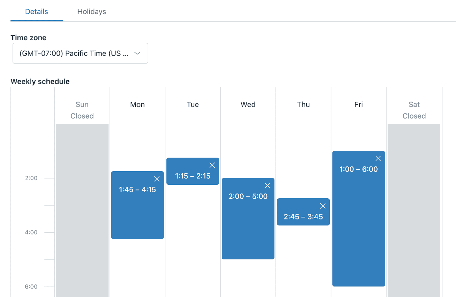 Zendesk Admin Center showing weekly schedule configuration
