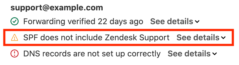 Zendesk's email domain settings displaying a warning about an SPF record not including Zendesk Support and an error regarding incorrect DNS record setup.