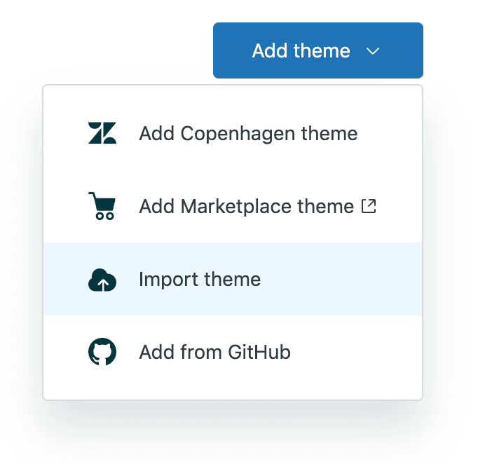 Zendesk's theme management interface displaying options to add themes, including 'Add from GitHub' and 'Import theme'.