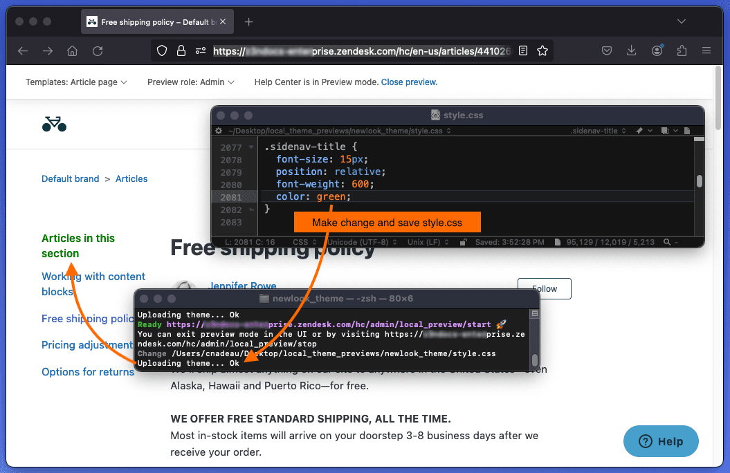 A ZCLI command running in a terminal, uploading a theme and starting a local development server, with the theme preview displayed in a browser.