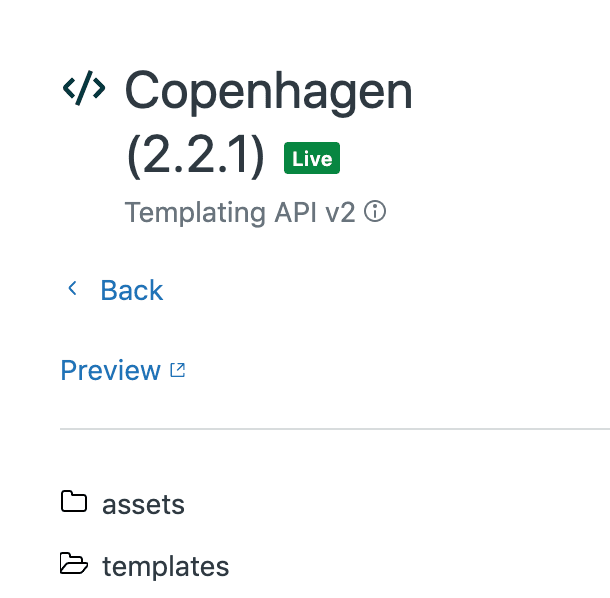 Copenhagen theme editor interface showing the assets and templates directories.