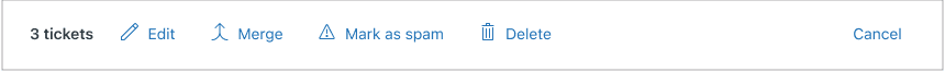 A ticket selection toolbar displaying options like Edit, Merge, and Delete for 3 selected tickets.