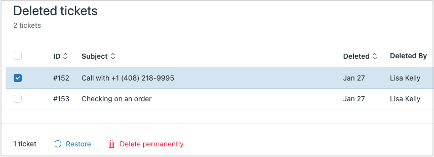 Ticket management interface with deleted tickets list and restore options