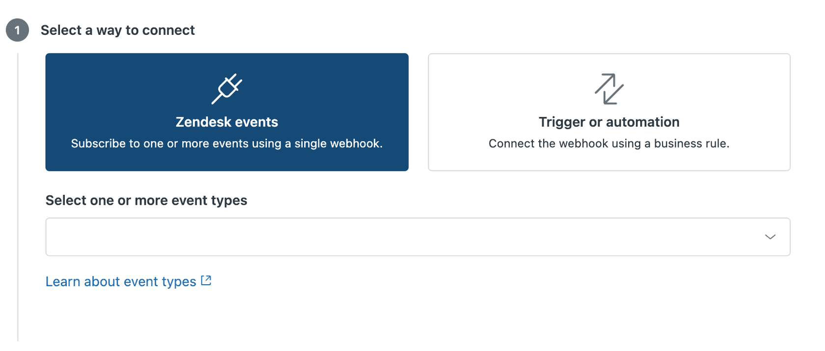 Zendesk webhook configuration interface for selecting event types and connection methods