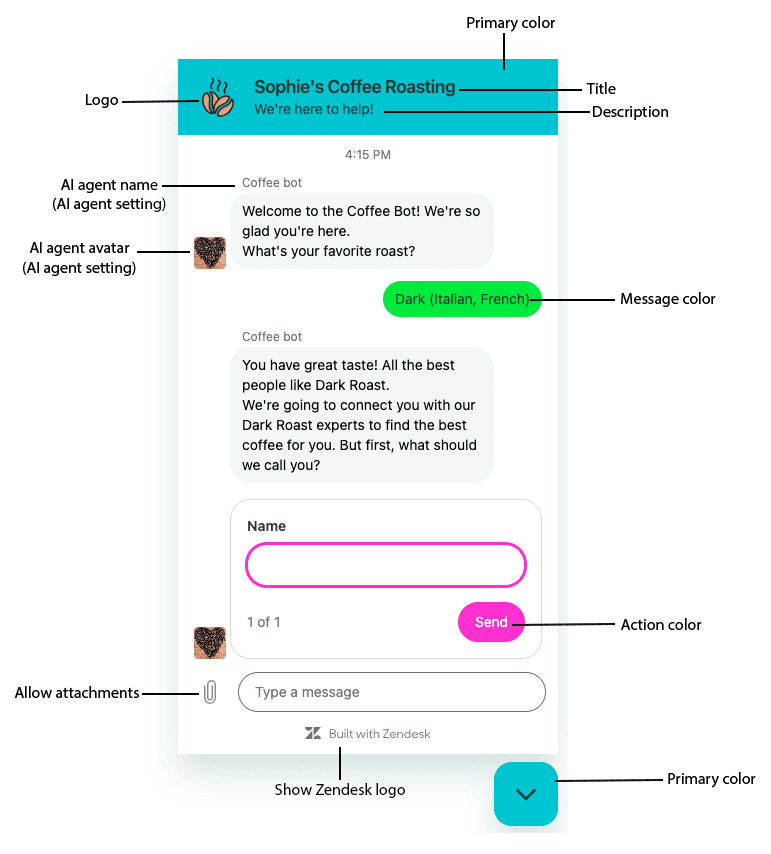 Zendesk's web widget preview panel illustrating style and launcher configuration options.