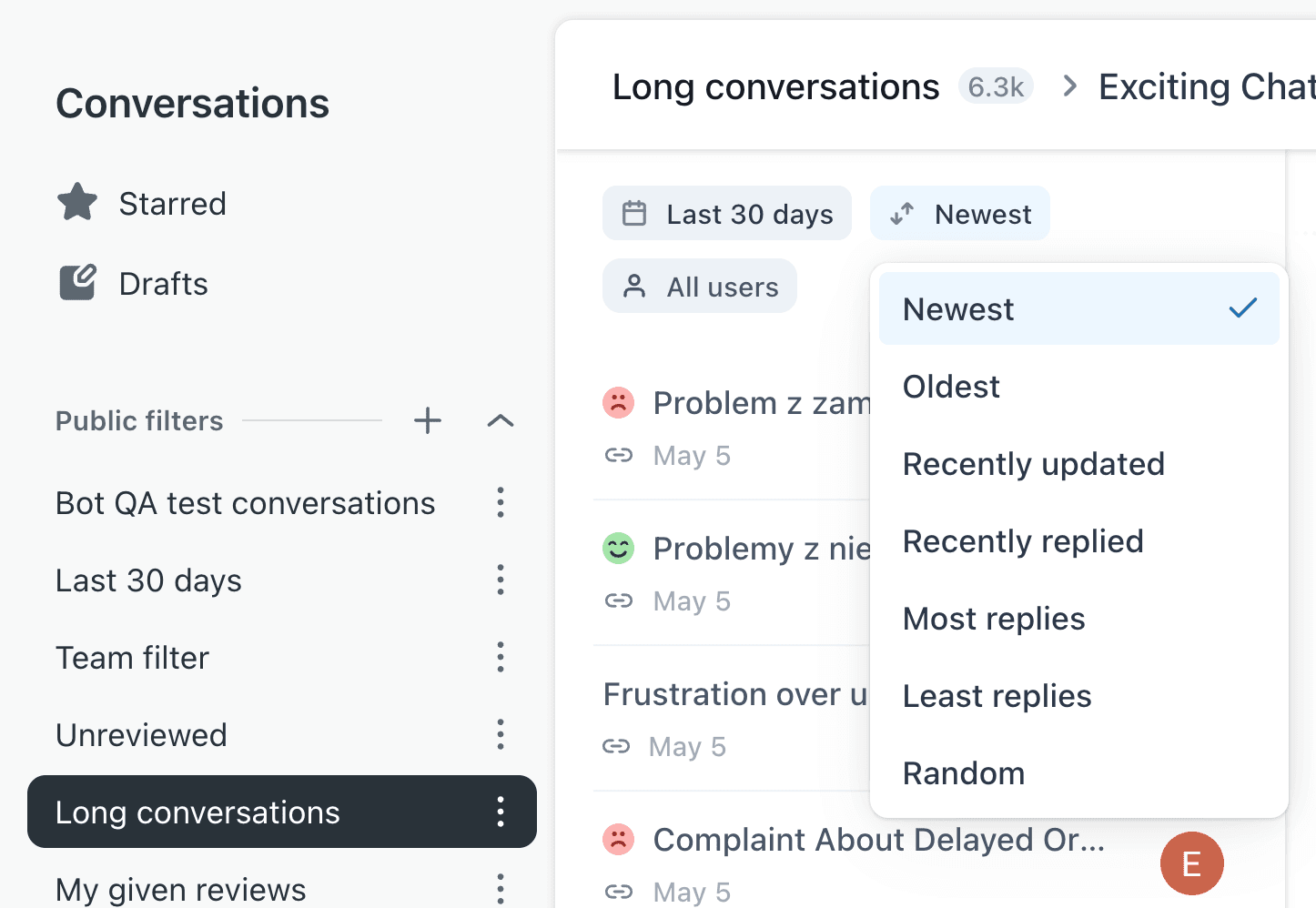 Zendesk QA Conversations view with filters sidebar and sorting options