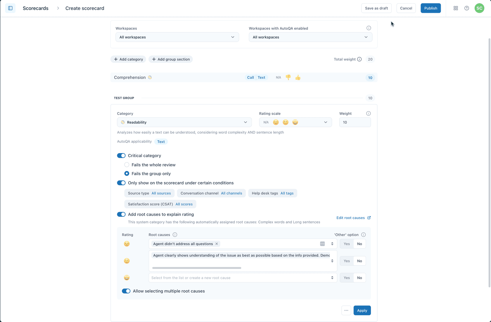 Zendesk scorecard creation panel with category and rating scale settings