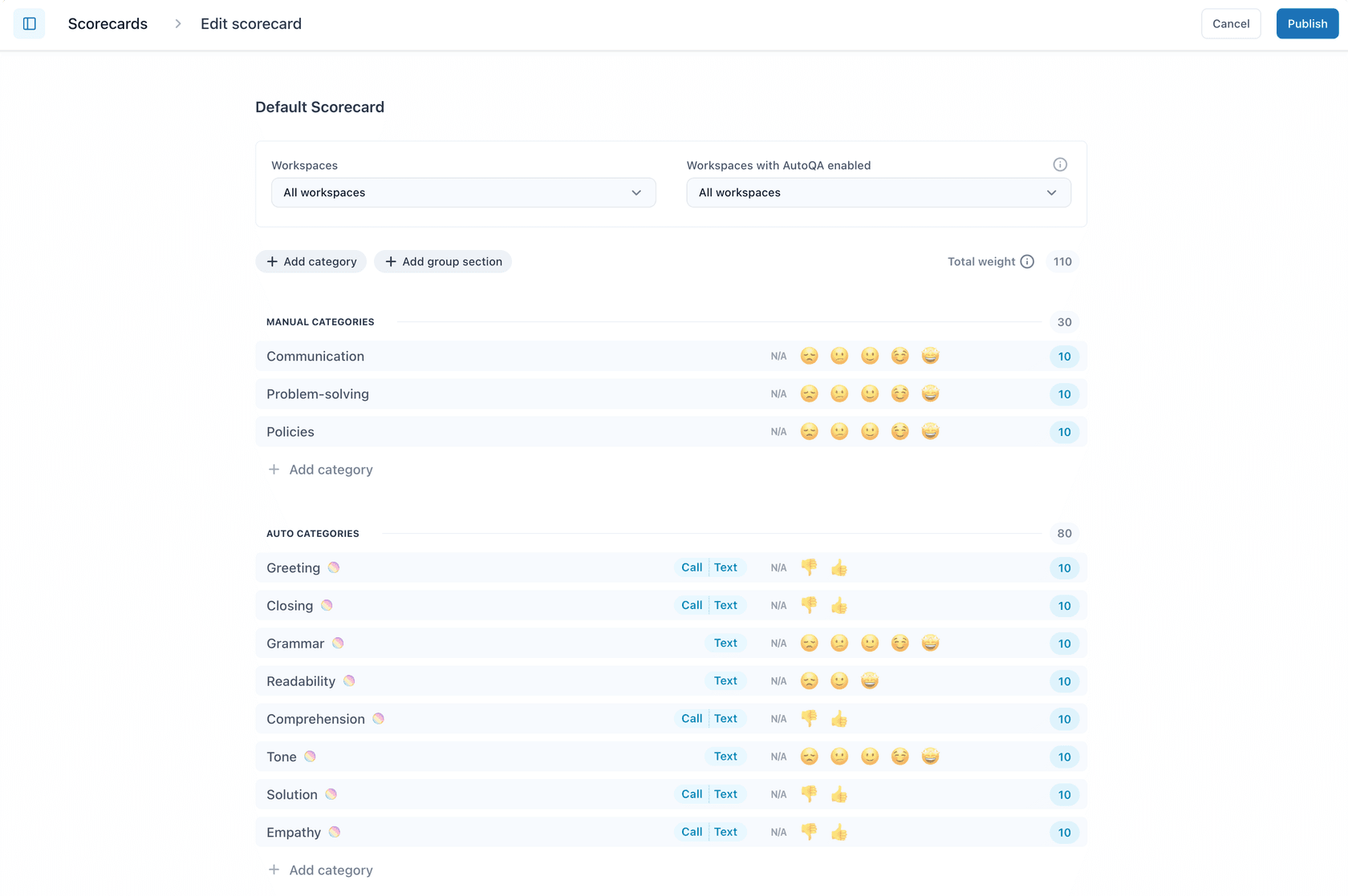 Scorecard editing interface with emoji and binary rating scale options