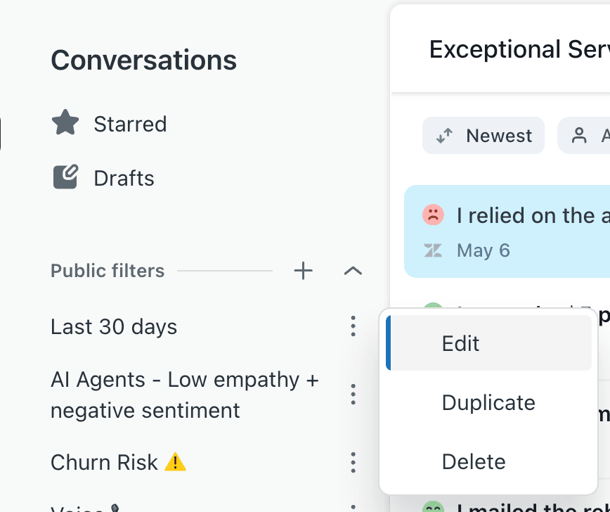 Filter management interface showing context menu with Edit and Duplicate options