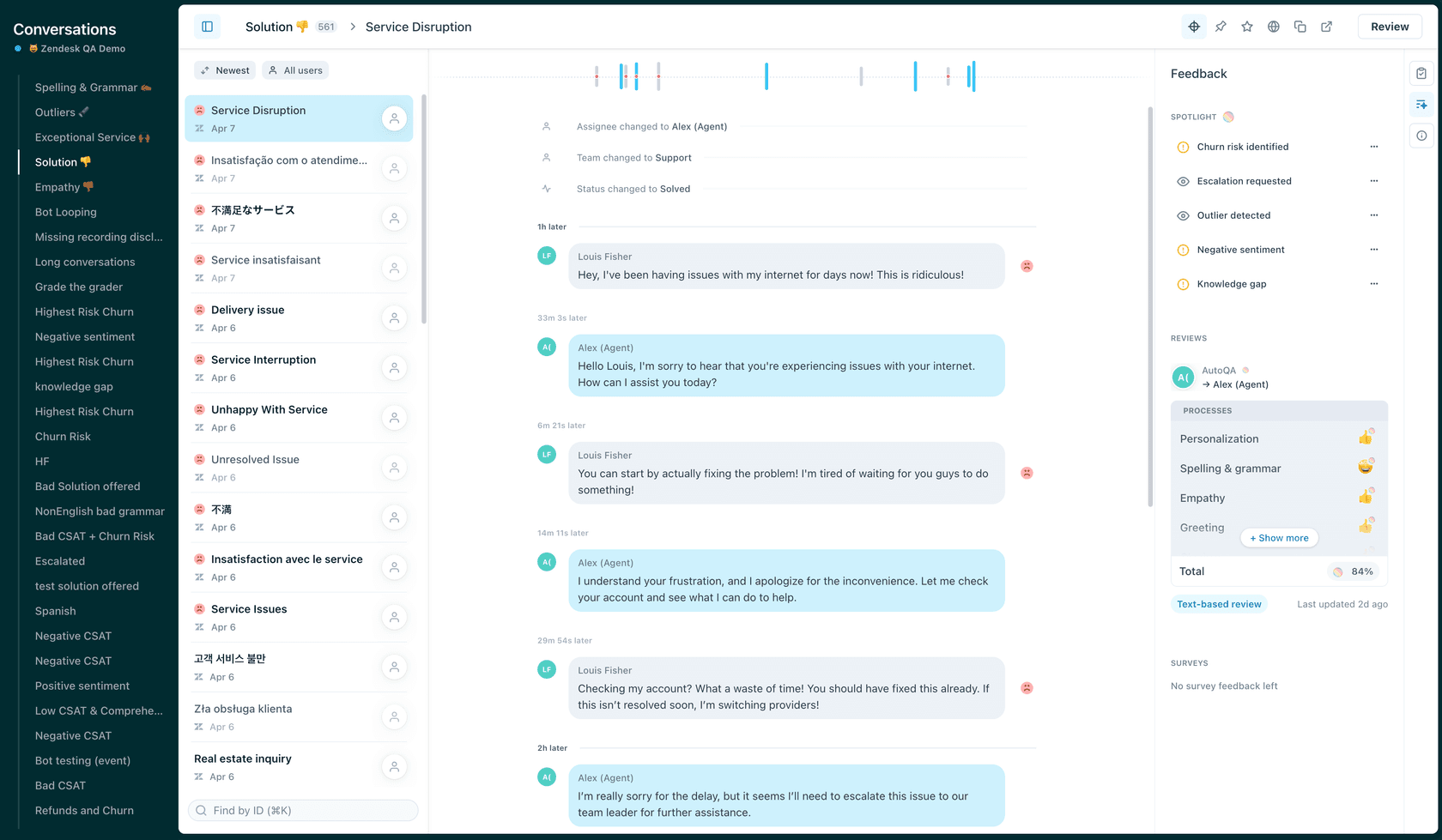 Zendesk's QA Demo reviewer interface displaying a customer-agent conversation alongside a grading panel with scorecard elements for processes like personalization, spelling & grammar, and empathy.