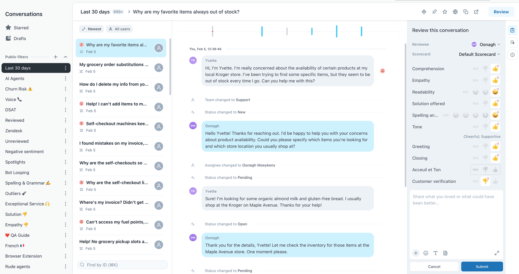 Zendesk conversation review interface with QA scorecard criteria for agent evaluation