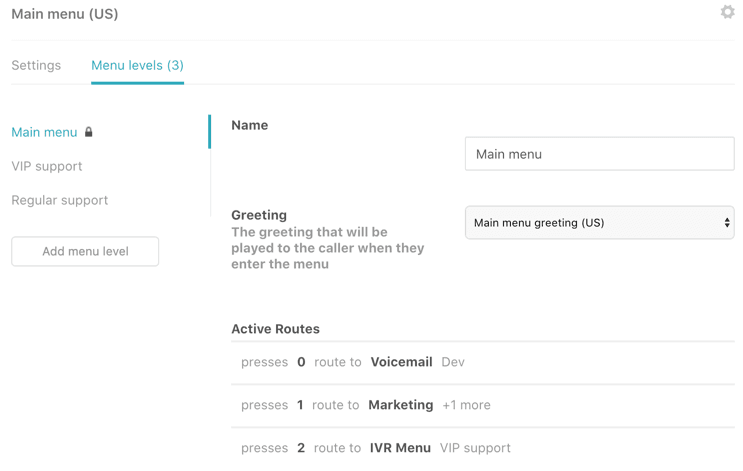 The IVR menu configuration interface showing menu levels and route configurations for key presses.