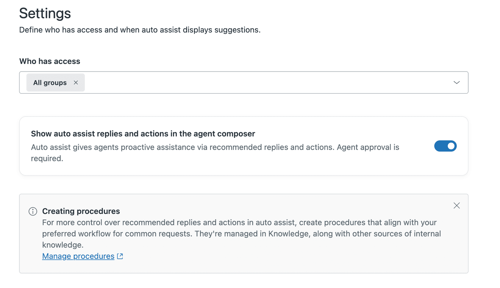 Zendesk Admin Center settings for Auto Assist with enable toggle and user group access controls